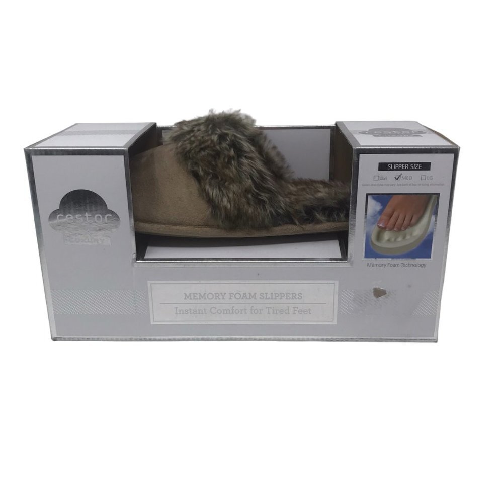 Restor Style Brown Faux Fur Memory Foam Slippers Large Mens 9-10 Women’s 10-11